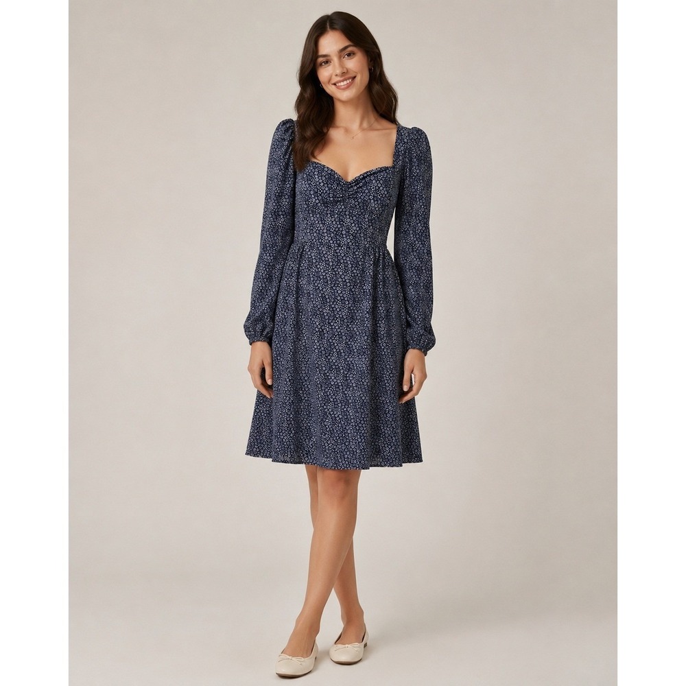 Wilfred Dress Womens 0 Blue White Floral Cotton Smocked Waist Zip Back Ruffle